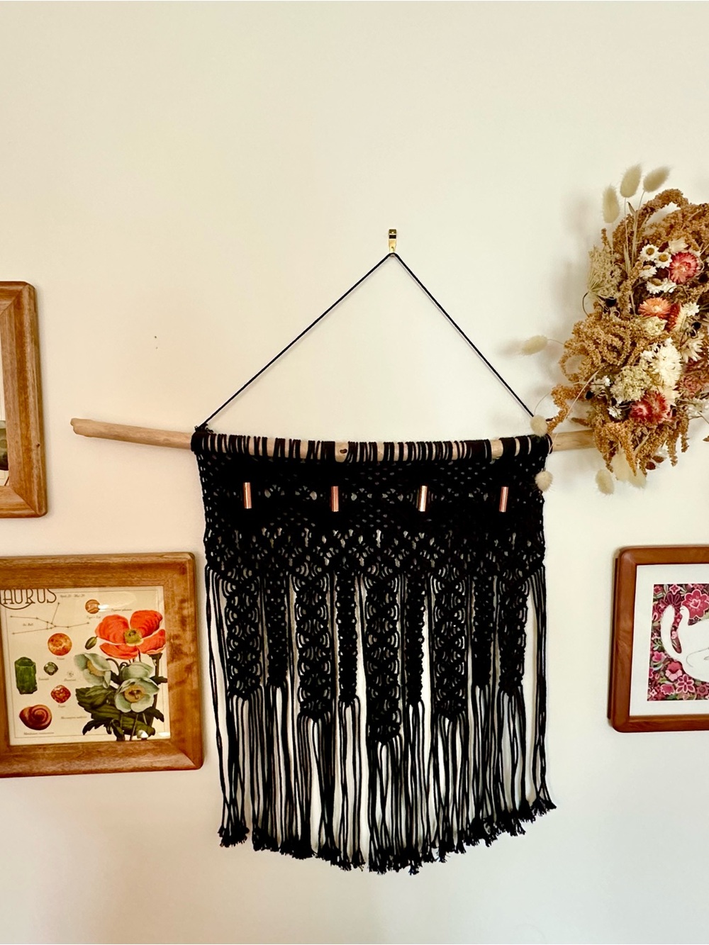 Handcrafted Black Macramé Wall Hanging with Copper Tubes